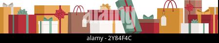 Many Christmas gifts seamless border, holidays and celebration concept, isolated Stock Vector
