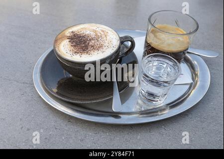 Cappuccino and an iced coffee served on a tray, Bavaria, Germany, Europe Stock Photo