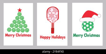 Collection of Three Christmas pickleball sports card template featuring pickleball paddle, ball with Santa hat and tree made of balls. For greeting ca Stock Vector