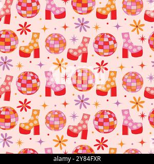 Disco balls and Retro Groovy Shoes with flowers seamless pattern. For retro decorations, fabric and textile Stock Vector