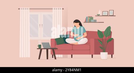 Pregnant woman sitting on the couch at home and touching her belly, pregnancy and healthcare concept Stock Vector