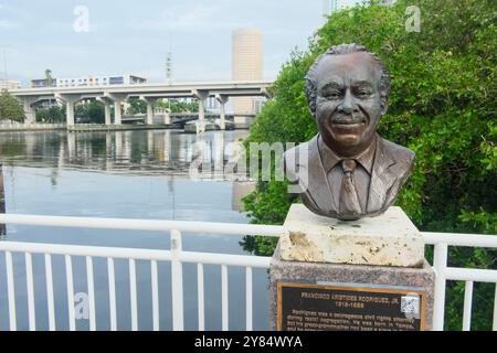 Tampa, FL, USA - 01 Oct 2024 - Waterfront Tampa Downtown with appartments and skyline. Statue of Francisco Aristides Rodriguez Stock Photo