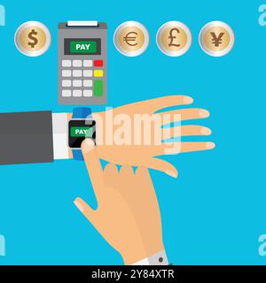 Contactless payment with smartwatch, person paying with smartwatch in different currencies Stock Vector