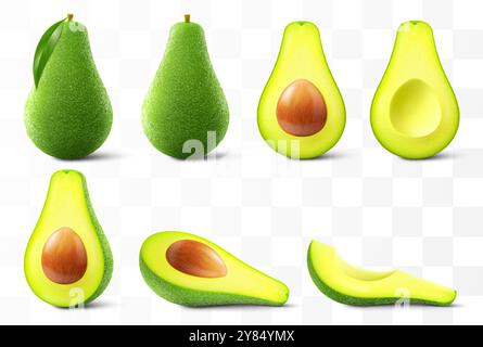 Fresh fruit avocado isolated on transparent background. Whole, slices and halved avocado with bone. Green avocado for healthy eating. Realistic 3d vec Stock Vector