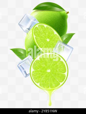 Green ripe raw lime and ice cubes with leaves in swirl motion. Composition of whole fresh lime, half and slices of lime fruits, 3D realistic vector il Stock Vector