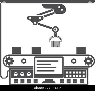 Conveyor belt with automatic arm black icon Stock Vector