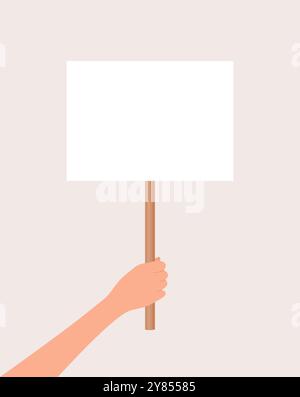 A hand holding a white blank poster on a stick. Flat vector illustration Stock Vector