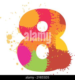 Eight number with artistic colorful paint stains isolated on white background Stock Vector