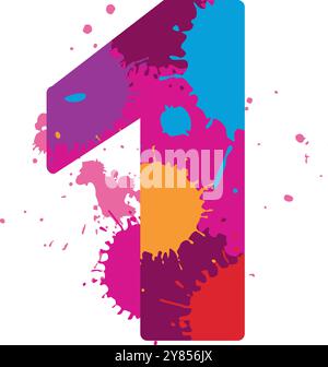 One with colorful splashes. Number font artistic design isolated on white background Stock Vector
