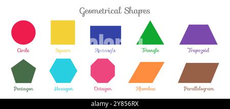 Colorful Geometrical Shapes Illustration with Circle, Square Rectangle Oval, Triangle Rhombus Shape Isolated on White Background for Children Stock Vector