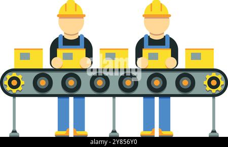 Conveyor production manufacturing line and workers vector icons. Black ...