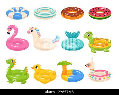 Cartoon inflatable circles. Colorful swimming rings, rubber water toys, summer pool funny swimming accessories, unicorn and llama, watermelon and Stock Vector