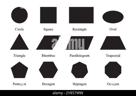 Black Basic Geometric Shapes Illustration with Circle, Square Rectangle Oval, Triangle Rhombus Shape Isolated on White Background Stock Vector