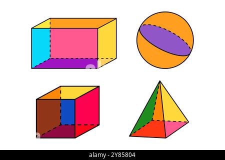 Colorful Happy 3D Geometric Shapes of Sphere, Cube, Cuboid, Pyramid Objects Stock Vector