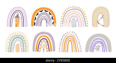 Halloween rainbow abstract shape, simple hand drawn silhouette illustration in trendy pastel colors, minimalist concept perfect for celebration decor, cards, banners, posters, textile, papercraft Stock Vector