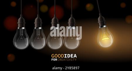 Perpetual motion with idea light bulbs. 3d lightbulb as symbol of creative process. Business brainstorming. Banner design. Realistic isolated Stock Vector