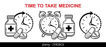 Medicine time, medical pill take hour timetable, medication day schedule. Alarm clock timer. Pharmacy medicinal tablet, capsule dose line icon set Stock Vector