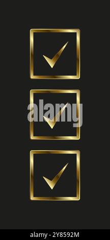 Three symbols of check Boxes in gold color concepts and selection symbol, icon, mark Vector Illustration Stock Vector
