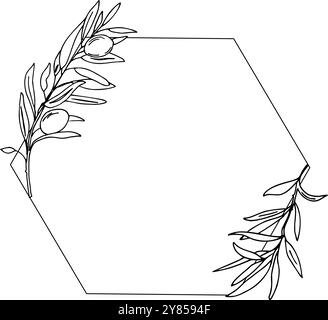 Olive polygonal Frame. Hand drawn Olive Branches and Fruits. Vector illustration for Logos and stationery. Stock Vector