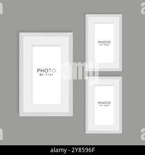 Three wooden picture frame on isolated dark wall and background vector illustration Stock Vector