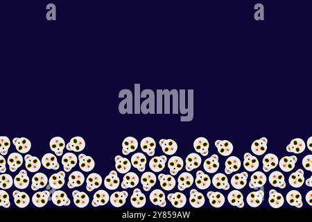 Painted Skeletons Bottom frame border on dark background. Day of the dead greetings or card template. Isolated Vector illustration Thematic cards, greeting cards, posters, social media, web promos Stock Vector
