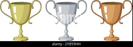 Trophy cups set. Metal award cartoon icons Stock Vector