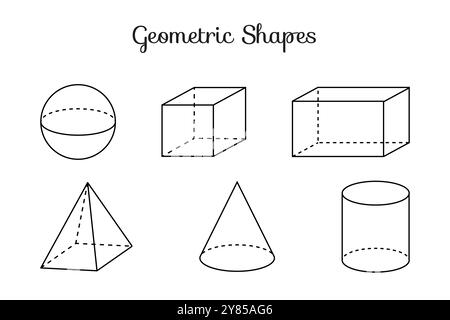 Thin Line 3D Geometric Shapes of Sphere, Cube, Cuboid, Pyramid, Cone and Cylinder Stock Vector