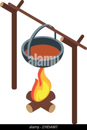 Campfire with cooking pot isometric icon. Camping symbol Stock Vector