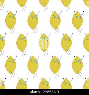 Funny lemon character in glasses. Vector illustration. Seamless pattern. Stock Vector