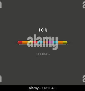 Rainbow loading bar in progress symbol, icon, banner. rainbow 10 pecent loading sign vector illustration on dark background. Used for updating and upg Stock Vector