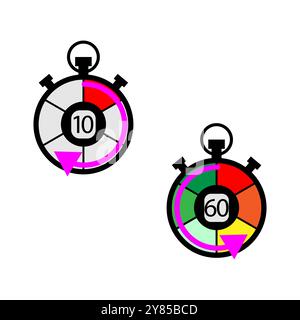 Countdown timer icons. Colorful stopwatch graphics. Vector time indicators. Bold circular shapes. Stock Vector