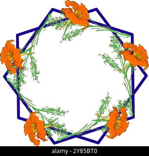 Botanical holiday frame with nasturtiums and branches vector illustration Stock Vector