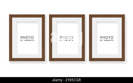 Three Wooden rectangle picture frames on isolated white surface wall vector illustration Stock Vector