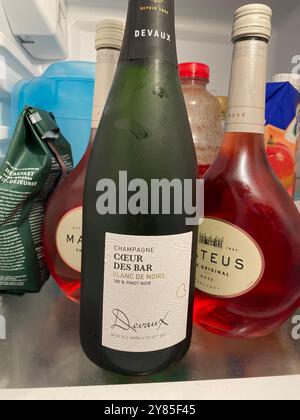 Cold bottle of Champagne in a fridge Stock Photo