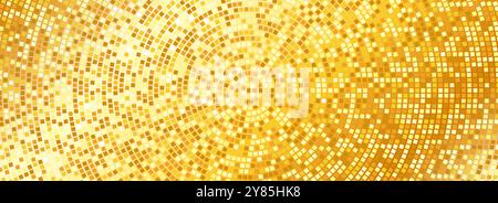 Radial gold disco party pattern. Golden square sequin mosaic texture background. Abstract yellow shining glitter halftone wallpaper. Pop up comic sparkling glitter and strass backdrop. Vector Stock Vector