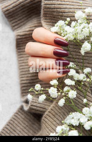 A hand with long, deep burgundy nails gently holds fresh white flowers resting on a soft knitted sweater. The warm texture and color contrast beautifu Stock Photo