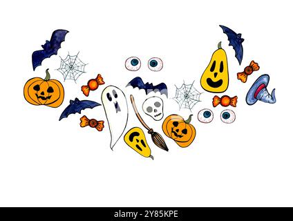 Doodle set of Halloween symbols inscribed in the silhouette of bat. Black outline and watercolor fill. Isolated on white background. Jack lanterns, sk Stock Photo