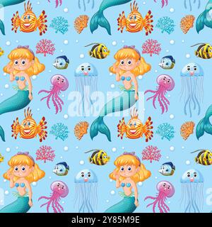 Colorful marine life with mermaids and sea creatures Stock Vector