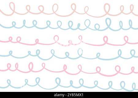 Naive squiggle pattern with bright green, yellow, pink and blue wavy lines on a light background. Creative abstract squiggle style drawing background. Stock Vector