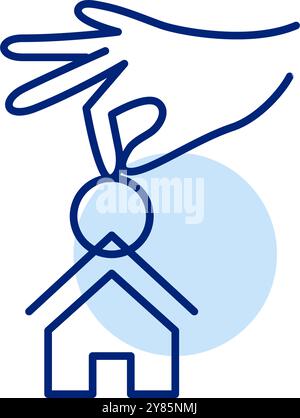 Hand holding house key chain. Gaining access to residence. Real estate deals. Property ownership, lease or rent. Pixel perfect, editable stroke vector Stock Vector