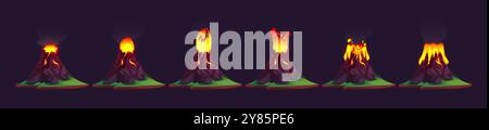 Volcano eruption animation set isolated on black background. Vector cartoon illustration of hot lava flowing from mountain, cloud of volcanic smoke above rocky crater, natural disaster, sprite sheet Stock Vector