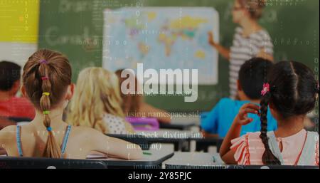 Binary code image over students in classroom with teacher pointing at world map Stock Photo