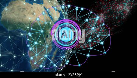 AI text and network connections image over Earth from space Stock Photo