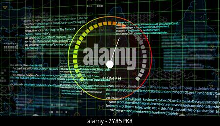 Speedometer and coding data processing image over digital grid background Stock Photo