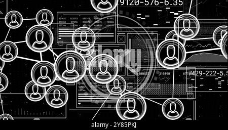 User icons connected by lines over data processing image with numbers and graphs Stock Photo