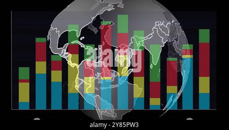 Image of spinning globe over diagrams Stock Photo