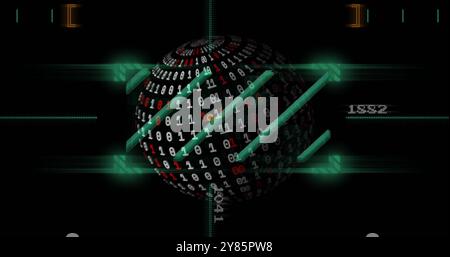 Image of spinning globe and shapes over binary coding Stock Photo