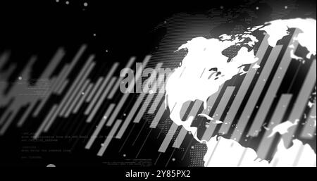 Image of spinning globe over diagrams and spots Stock Photo