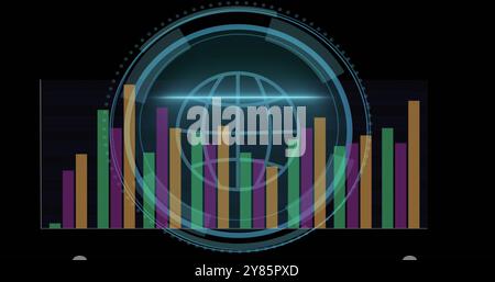 Image of globe and cyber security text over diagrams Stock Photo