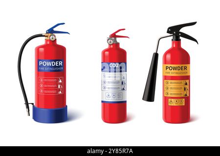 Realistic red fire extinguisher with sprayer and labels for instructions about providing emergency assistance in extinguishing flame. 3d vector set of different firefighter portable equipment mockup. Stock Vector